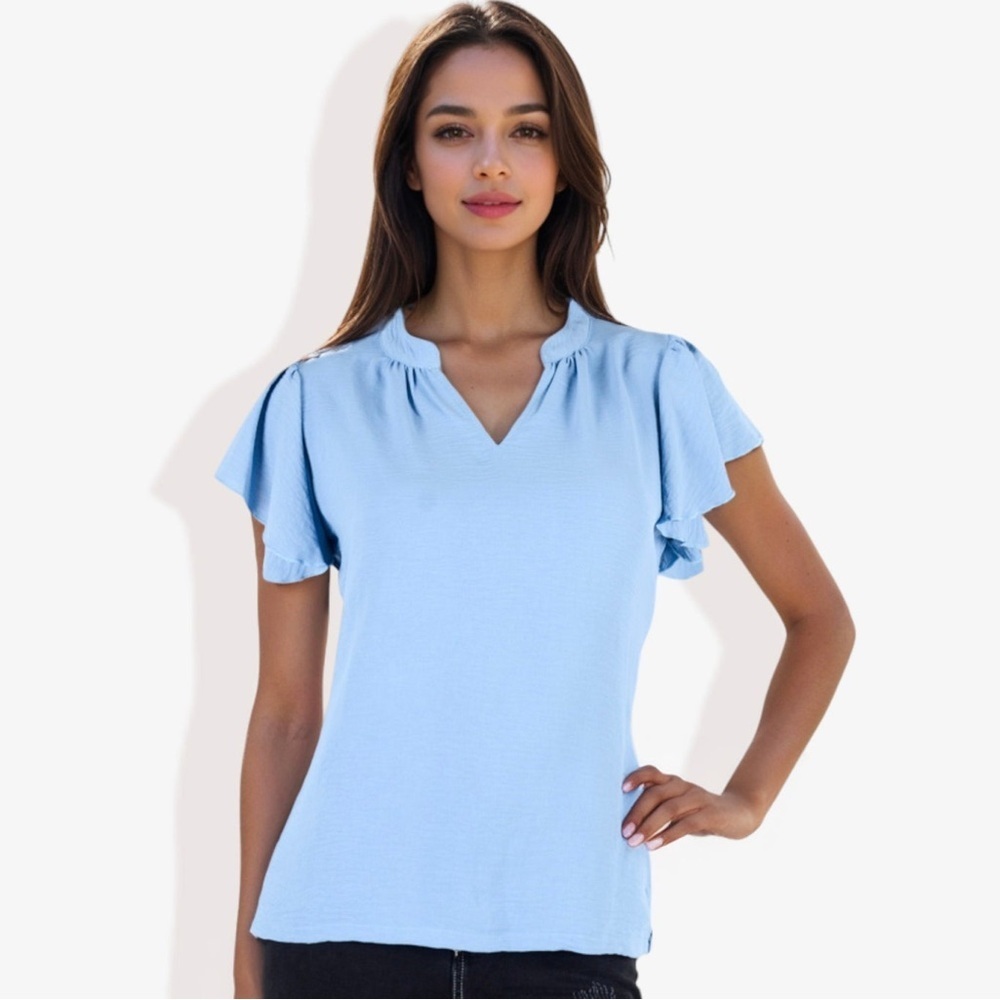 NWT Dusty Blue V-Neck Flutter Sleeve Blouse for Women Sz M (T5)